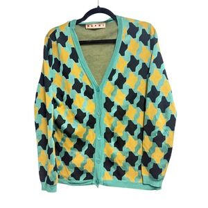 Marni Geometric Silk Cotton Blend Cardigan Teal Yellow Navy V-Neck Knit IT 42 M